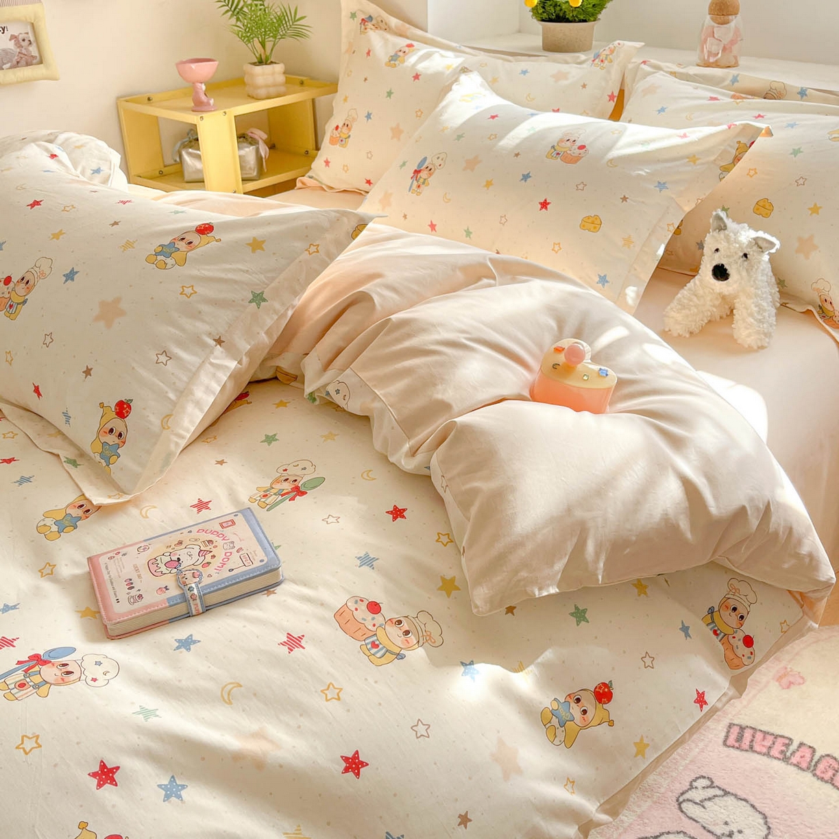 91家纺网 家纺一手货源 找家纺 涵宸家纺 2026新款全棉印花小清新四件套 快乐小星