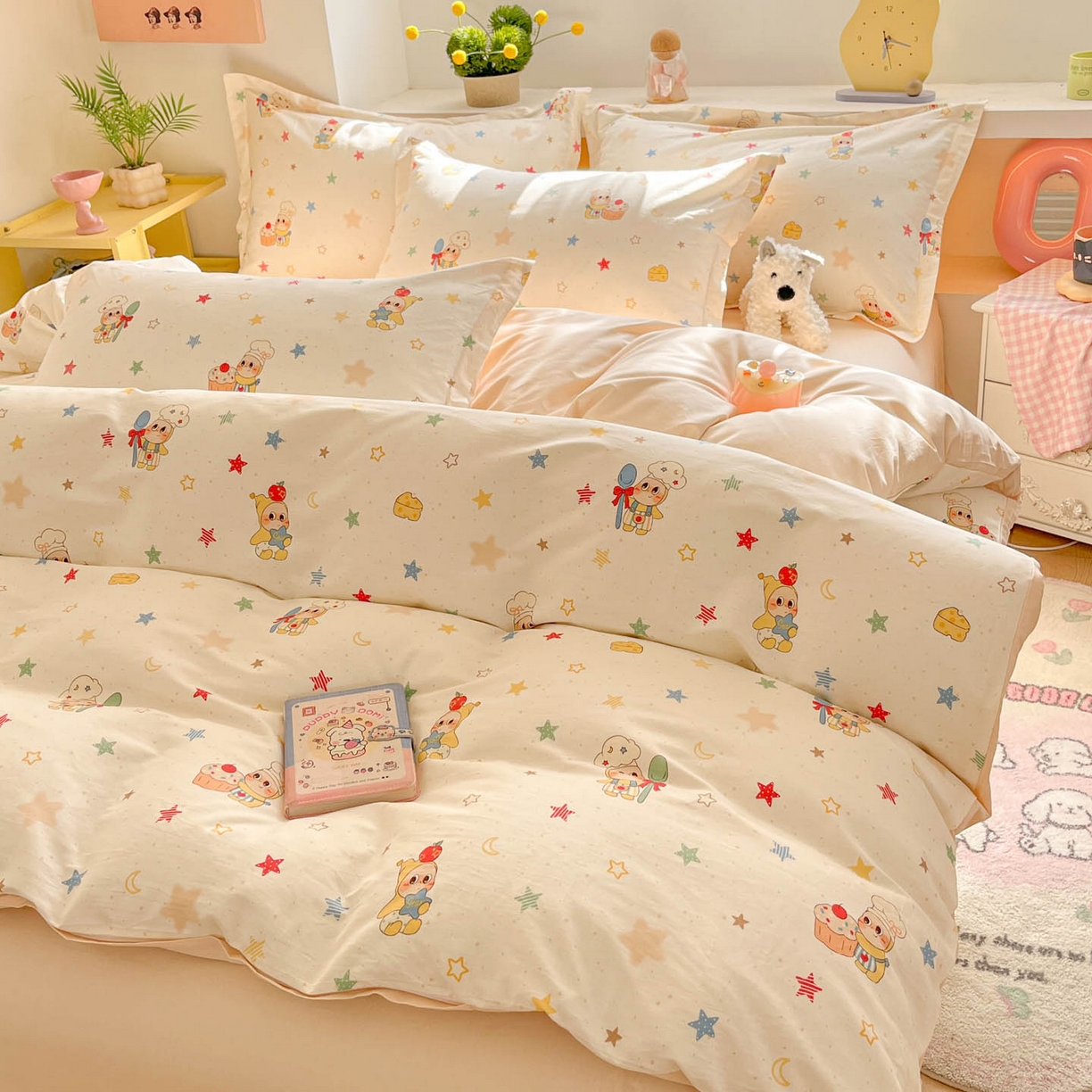 91家纺网 家纺一手货源 找家纺 涵宸家纺 2026新款全棉印花小清新四件套 快乐小星