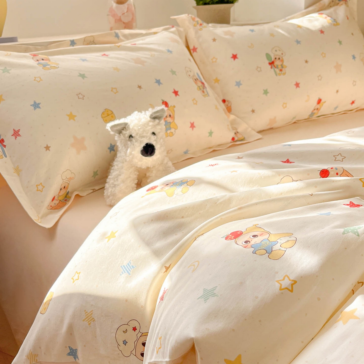 91家纺网 家纺一手货源 找家纺 涵宸家纺 2026新款全棉印花小清新四件套 快乐小星