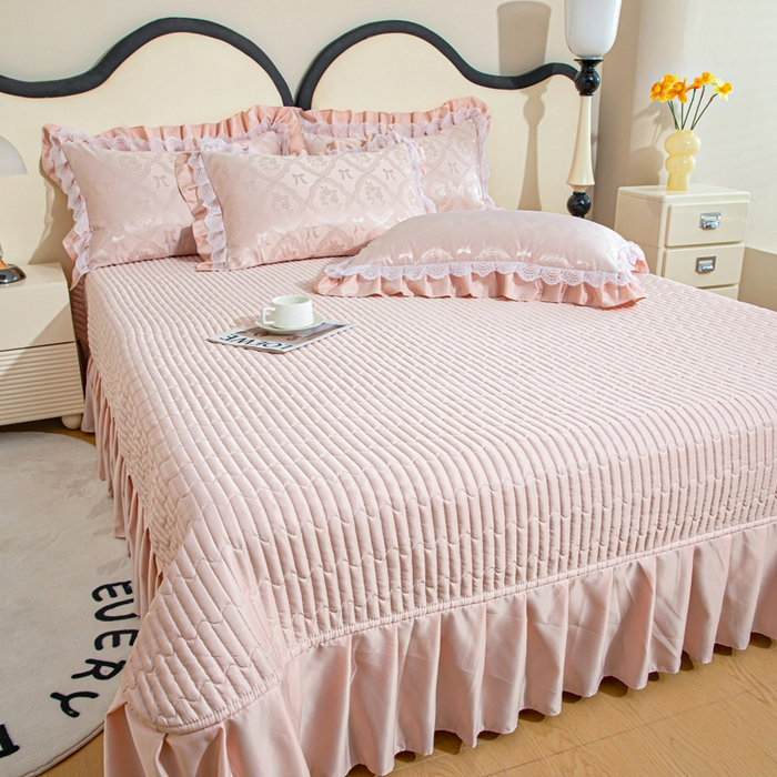 91家纺网 家纺一手货源 找家纺 畅畅家纺 2026新款春夏高档轻奢韩版提花花边床盖四件套水洗真丝冰丝套件 花边-浅玉