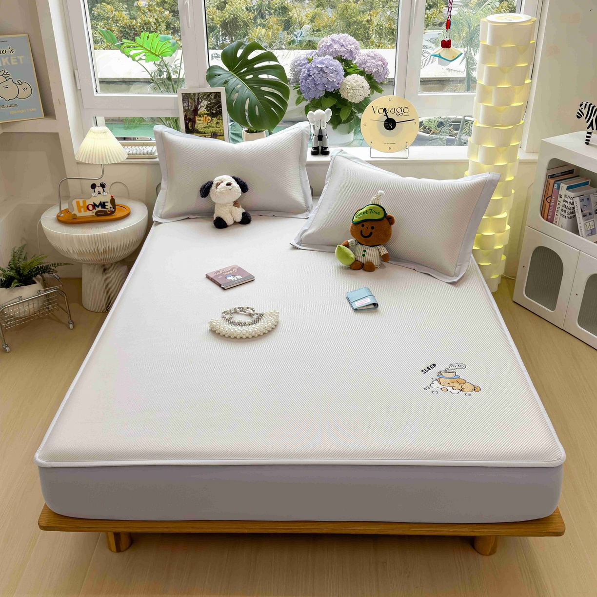 91家纺网 家纺一手货源 找家纺 孩子王家纺 2026春夏新款可机洗冰豆豆冰丝席凉席席子a类母婴级婴儿可用凉感值过0.21 贪吃小狗 床笠款