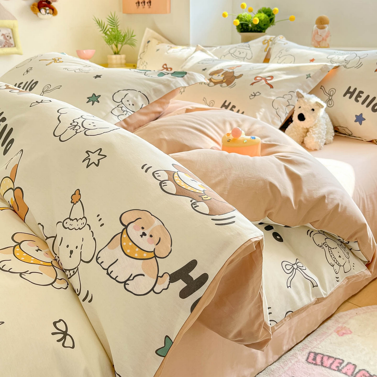 涵宸家纺 2026新款全棉印花小清新四件套 萌汪派对