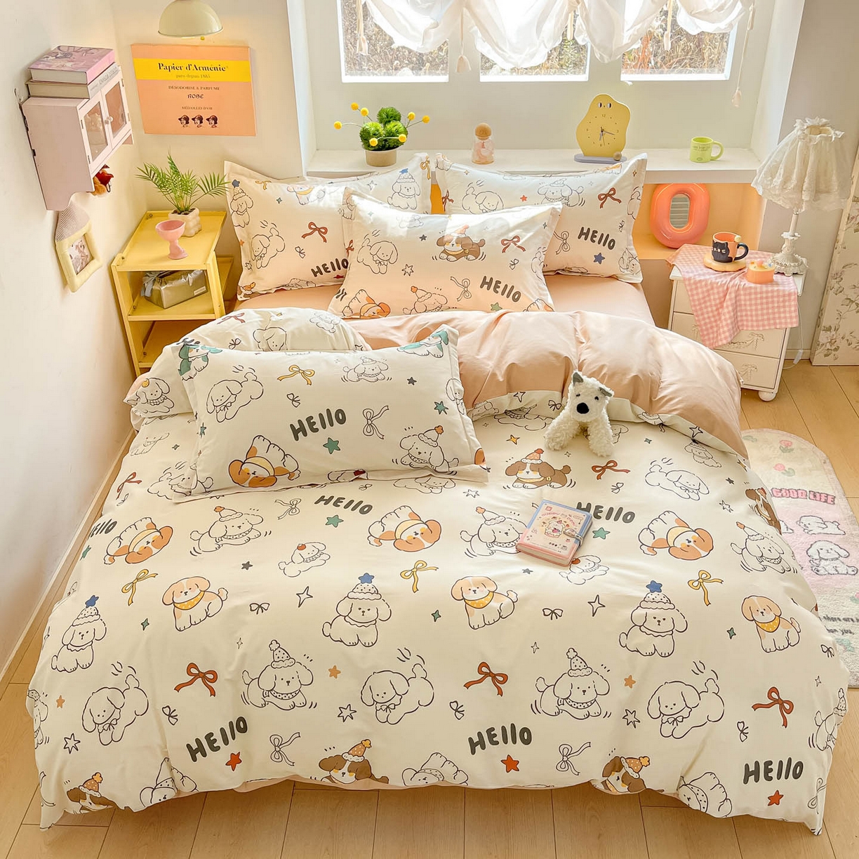 91家纺网 家纺一手货源 找家纺 涵宸家纺 2026新款全棉印花小清新四件套 萌汪派对