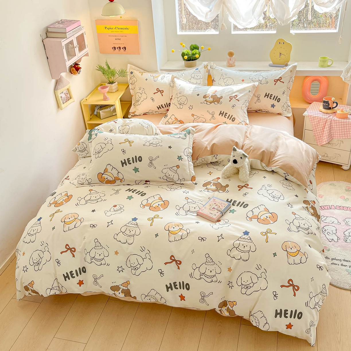 91家纺网 家纺一手货源 找家纺 涵宸家纺 2026新款全棉印花小清新四件套 萌汪派对