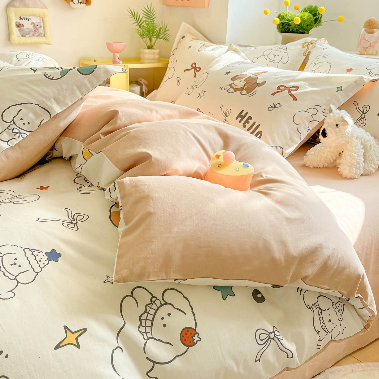 91家纺网 家纺一手货源 找家纺 涵宸家纺 2026新款全棉印花小清新四件套 萌汪派对