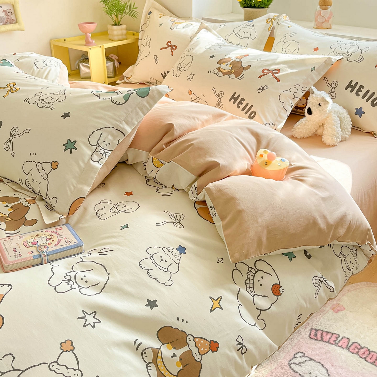 91家纺网 家纺一手货源 找家纺 涵宸家纺 2026新款全棉印花小清新四件套 萌汪派对