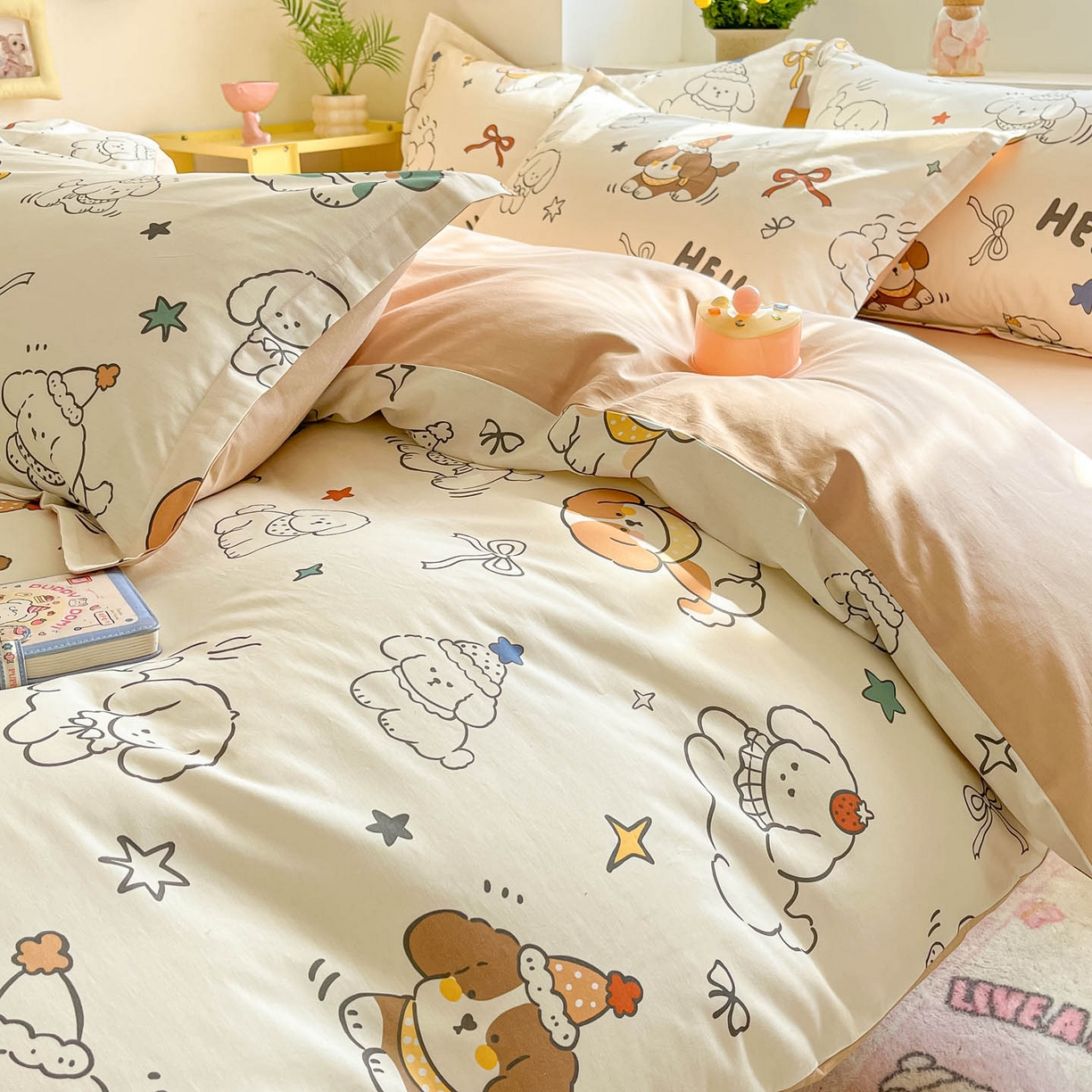 91家纺网 家纺一手货源 找家纺 涵宸家纺 2026新款全棉印花小清新四件套 萌汪派对