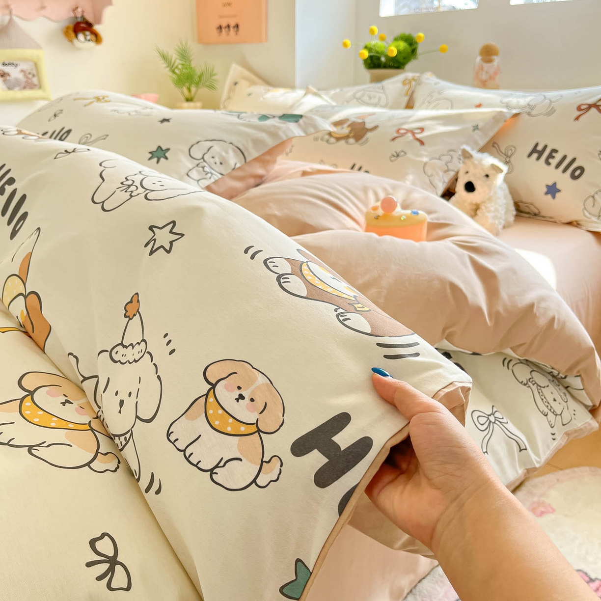 91家纺网 家纺一手货源 找家纺 涵宸家纺 2026新款全棉印花小清新四件套 萌汪派对