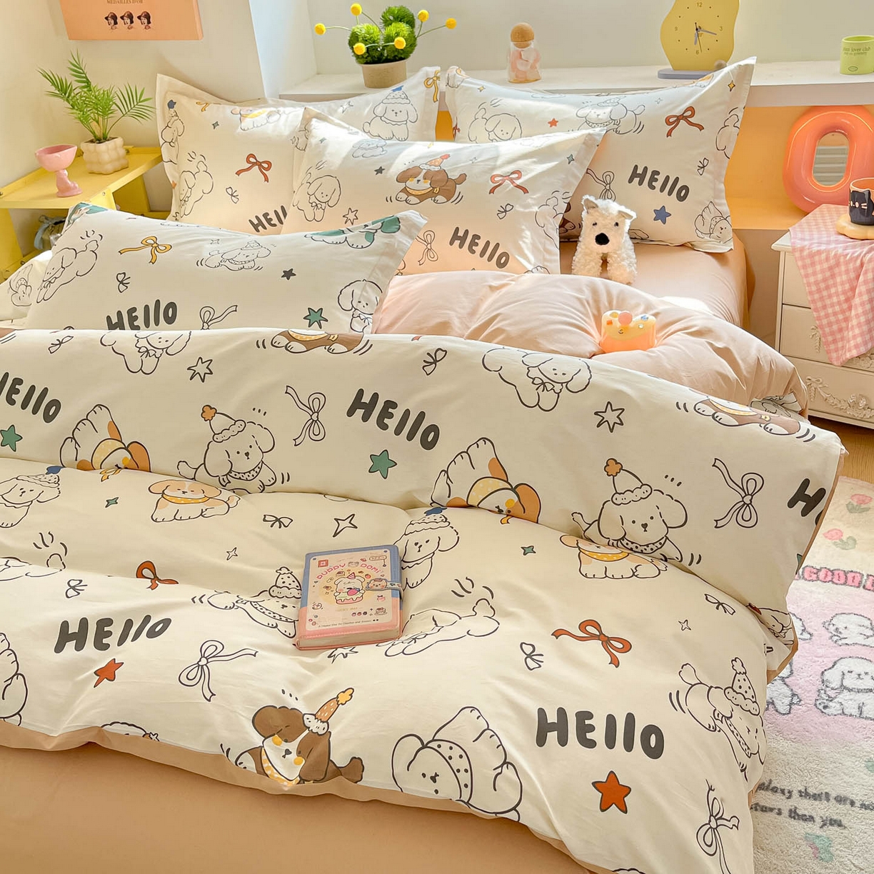 91家纺网 家纺一手货源 找家纺 涵宸家纺 2026新款全棉印花小清新四件套 萌汪派对