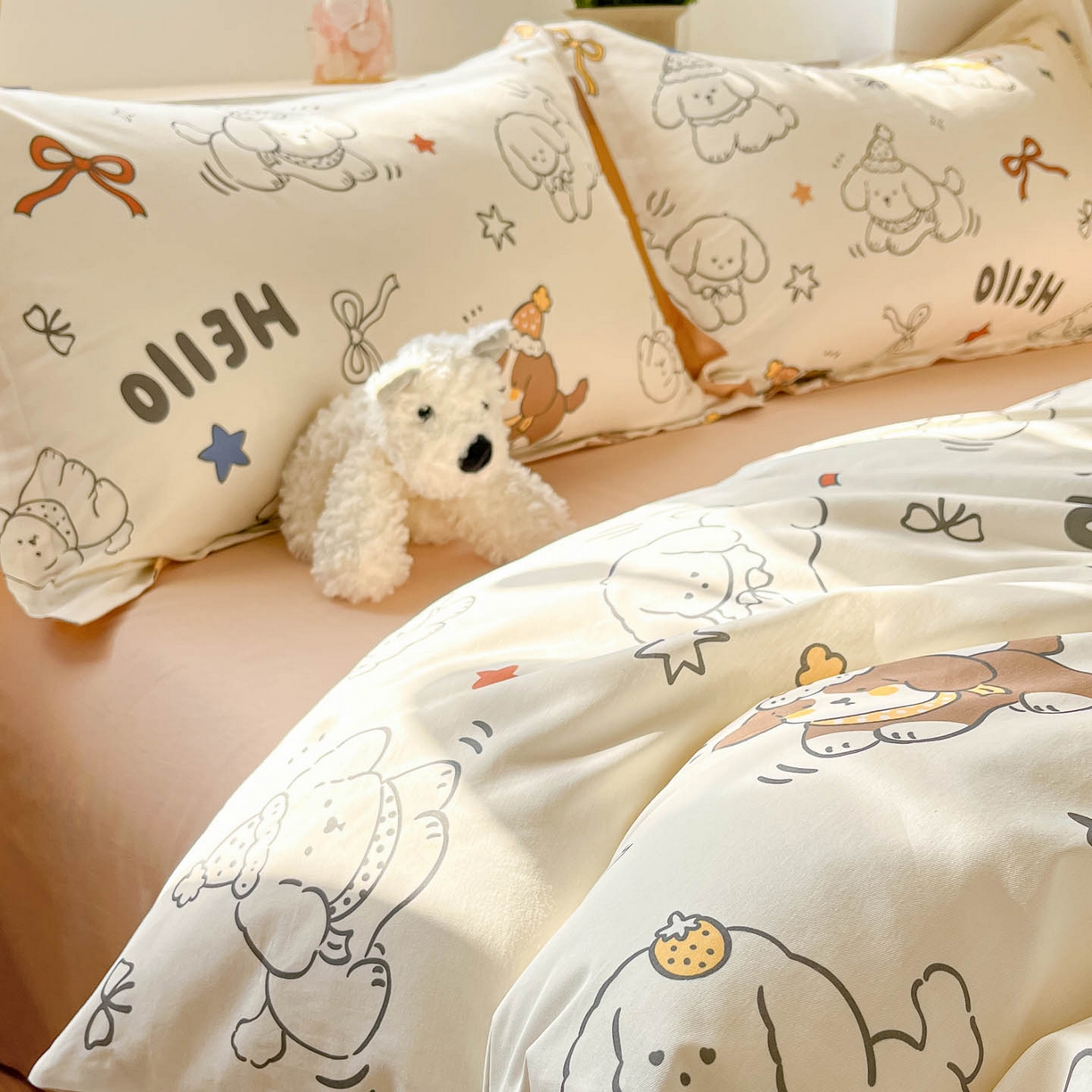 91家纺网 家纺一手货源 找家纺 涵宸家纺 2026新款全棉印花小清新四件套 萌汪派对