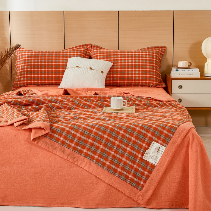 91家纺网 家纺一手货源 找家纺 81号家纺 2026新款全棉纯棉色织棉花夏被夏凉被空调被 橙红格