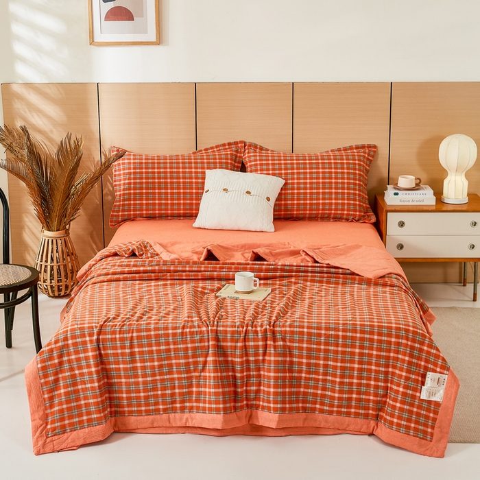 91家纺网 家纺一手货源 找家纺 81号家纺 2026新款全棉纯棉色织棉花夏被夏凉被空调被 橙红格