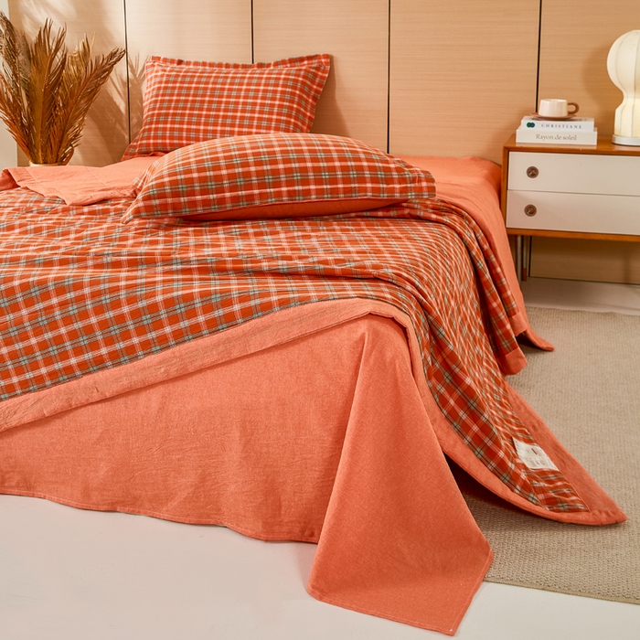 91家纺网 家纺一手货源 找家纺 81号家纺 2026新款全棉纯棉色织棉花夏被夏凉被空调被 橙红格