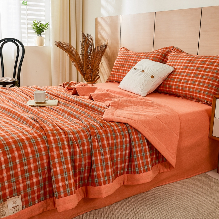 91家纺网 家纺一手货源 找家纺 81号家纺 2026新款全棉纯棉色织棉花夏被夏凉被空调被 橙红格