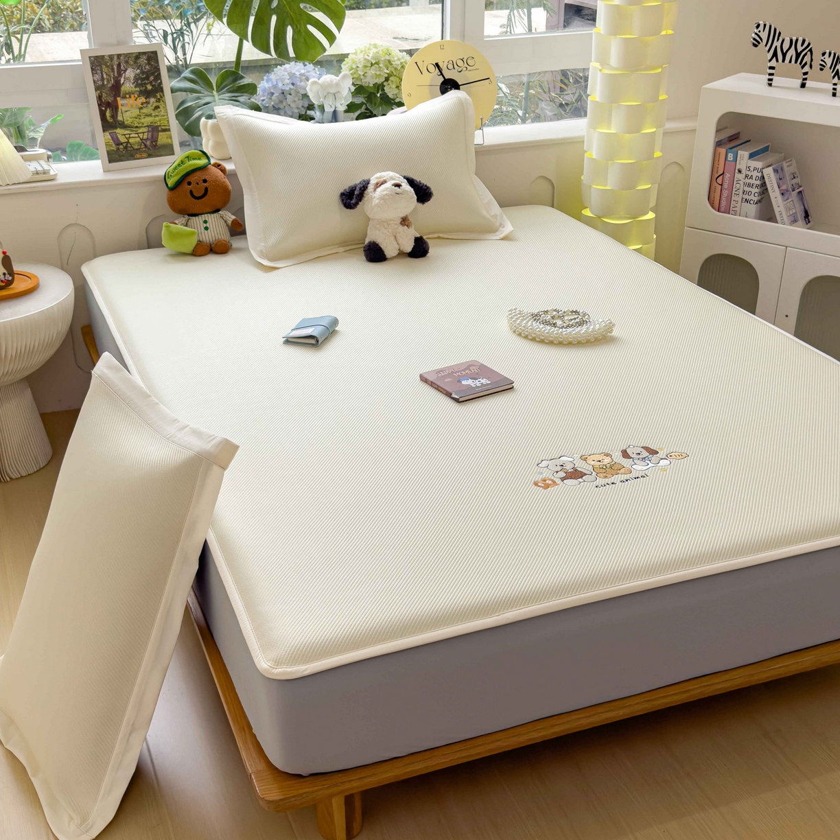 91家纺网 家纺一手货源 找家纺 孩子王家纺 2026春夏新款可机洗冰豆豆冰丝席凉席席子a类母婴级婴儿可用凉感值过0.21 小友聚会 床笠款