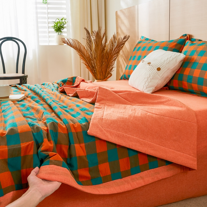 91家纺网 家纺一手货源 找家纺 81号家纺 2026新款全棉纯棉色织棉花夏被夏凉被空调被 橙红芥绿