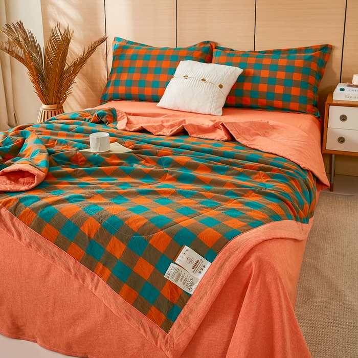 91家纺网 家纺一手货源 找家纺 81号家纺 2026新款全棉纯棉色织棉花夏被夏凉被空调被 橙红芥绿