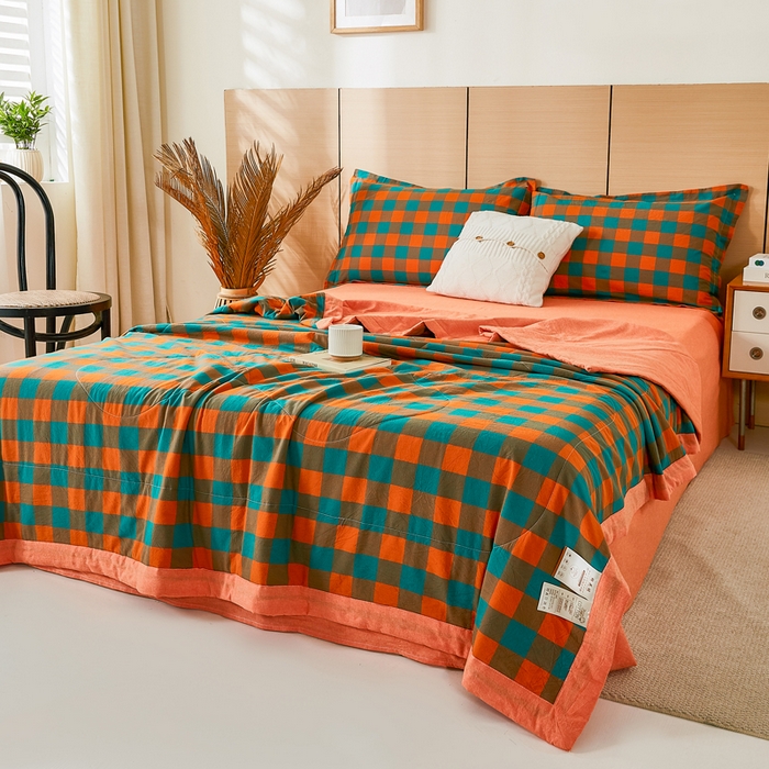 91家纺网 家纺一手货源 找家纺 81号家纺 2026新款全棉纯棉色织棉花夏被夏凉被空调被 橙红芥绿