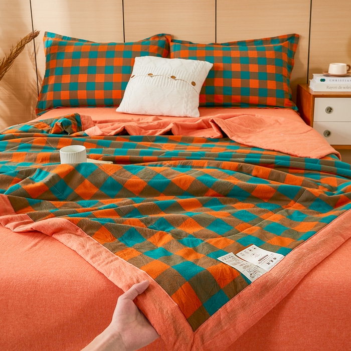 91家纺网 家纺一手货源 找家纺 81号家纺 2026新款全棉纯棉色织棉花夏被夏凉被空调被 橙红芥绿