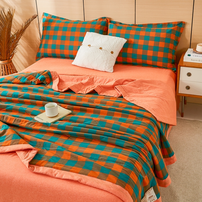 91家纺网 家纺一手货源 找家纺 81号家纺 2026新款全棉纯棉色织棉花夏被夏凉被空调被 橙红芥绿