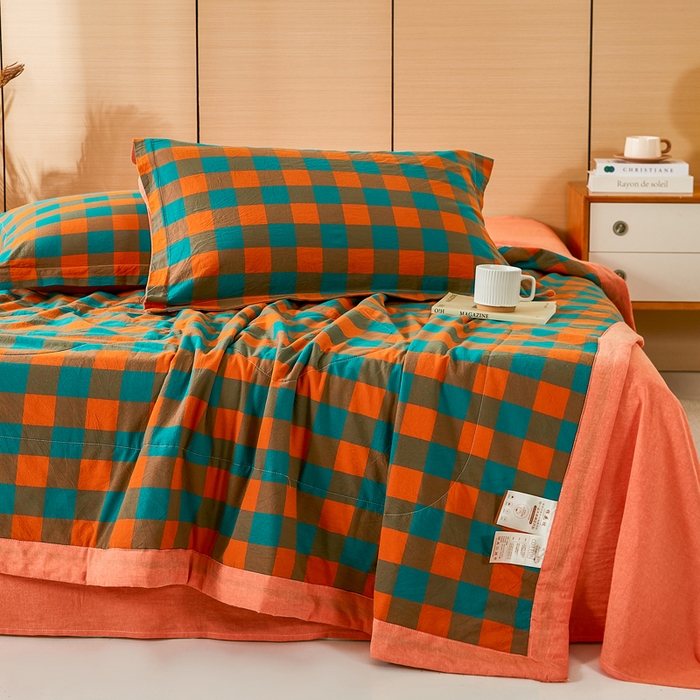 91家纺网 家纺一手货源 找家纺 81号家纺 2026新款全棉纯棉色织棉花夏被夏凉被空调被 橙红芥绿