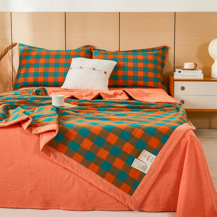 91家纺网 家纺一手货源 找家纺 81号家纺 2026新款全棉纯棉色织棉花夏被夏凉被空调被 橙红芥绿