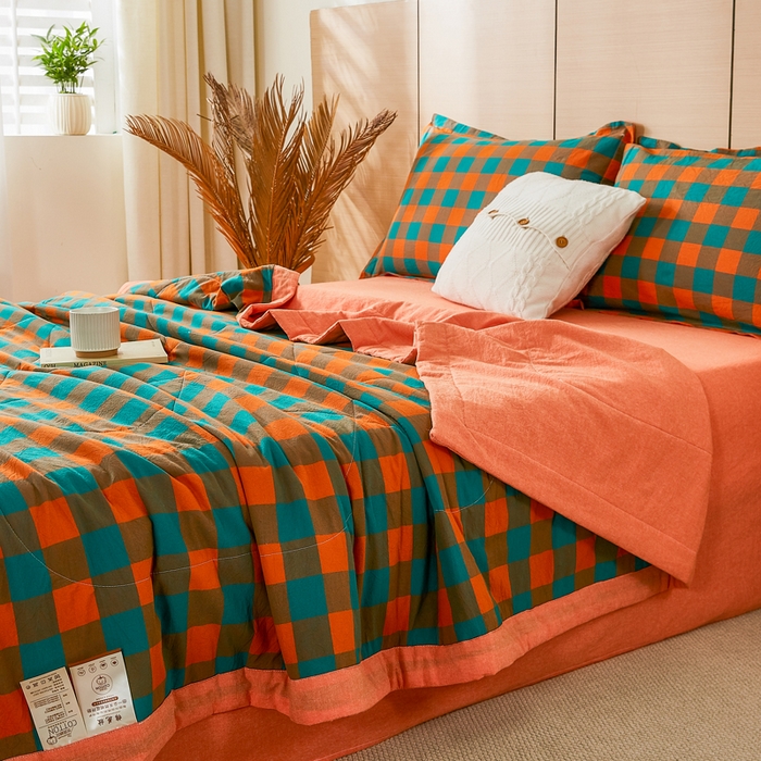 91家纺网 家纺一手货源 找家纺 81号家纺 2026新款全棉纯棉色织棉花夏被夏凉被空调被 橙红芥绿