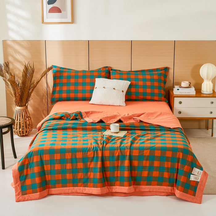 91家纺网 家纺一手货源 找家纺 81号家纺 2026新款全棉纯棉色织棉花夏被夏凉被空调被 橙红芥绿