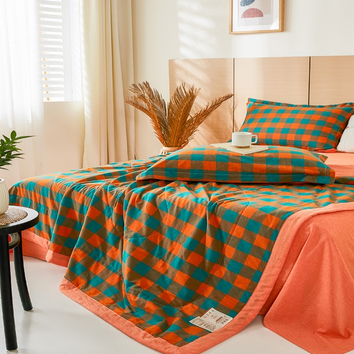 91家纺网 家纺一手货源 找家纺 81号家纺 2026新款全棉纯棉色织棉花夏被夏凉被空调被 橙红芥绿