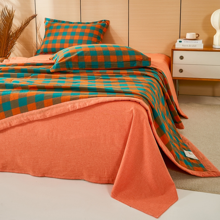 91家纺网 家纺一手货源 找家纺 81号家纺 2026新款全棉纯棉色织棉花夏被夏凉被空调被 橙红芥绿