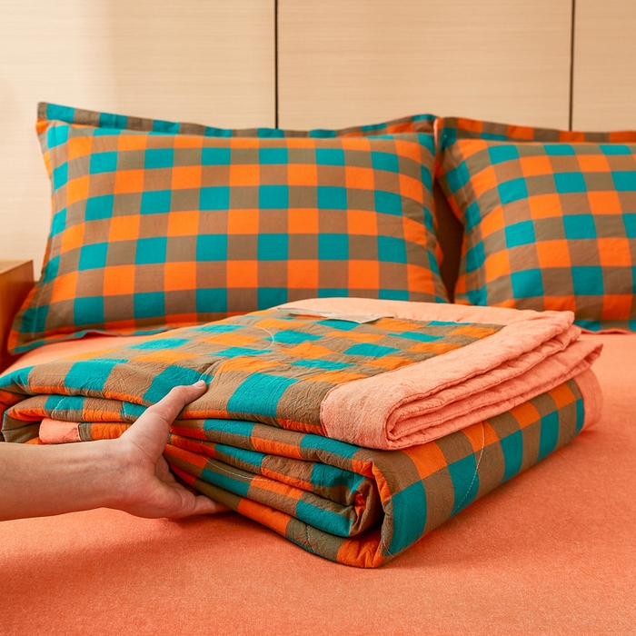 91家纺网 家纺一手货源 找家纺 81号家纺 2026新款全棉纯棉色织棉花夏被夏凉被空调被 橙红芥绿