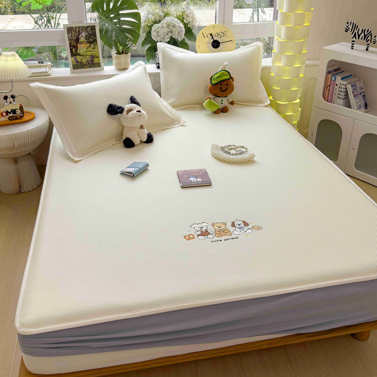 91家纺网 家纺一手货源 找家纺 孩子王家纺 2026春夏新款可机洗冰豆豆冰丝席凉席席子a类母婴级婴儿可用凉感值过0.21 小友聚会 床笠款