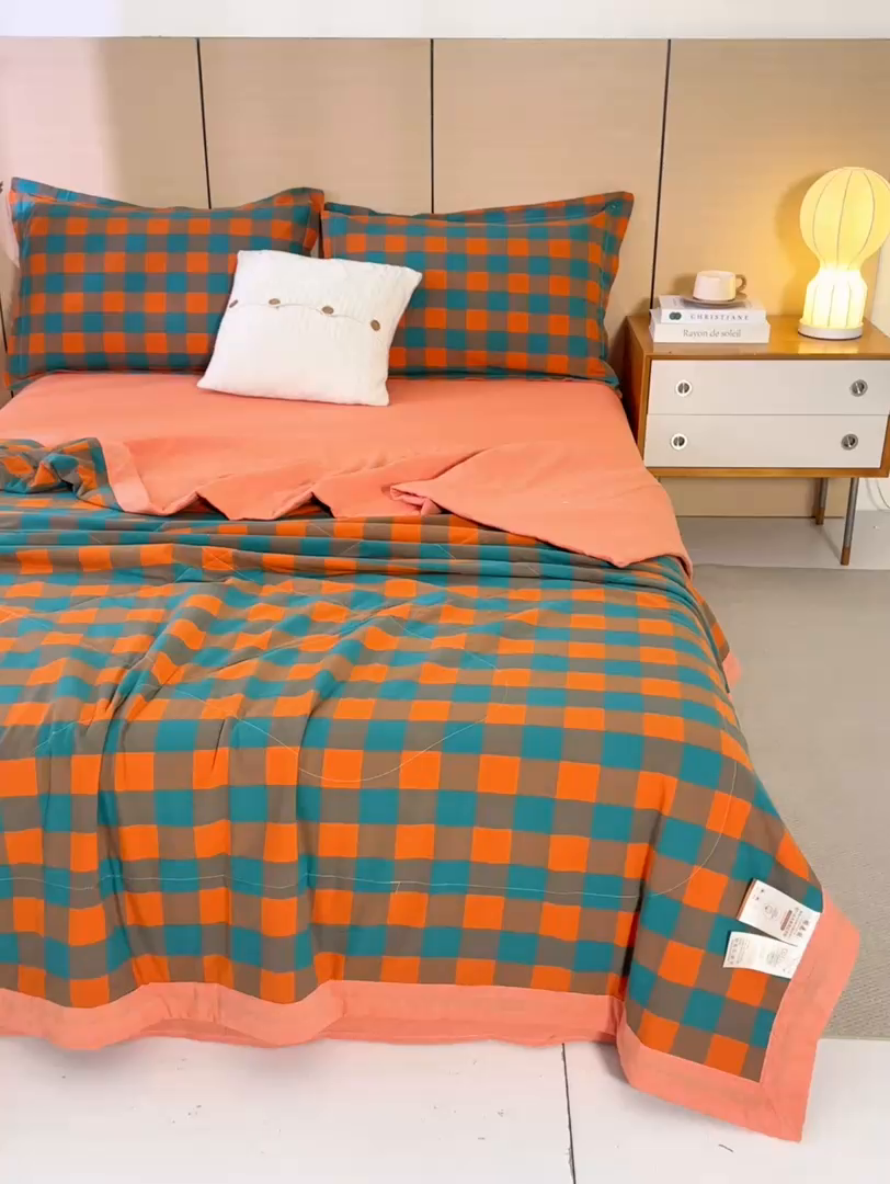 91家纺网 家纺一手货源 找家纺 81号家纺 2026新款全棉纯棉色织棉花夏被夏凉被空调被 橙红芥绿