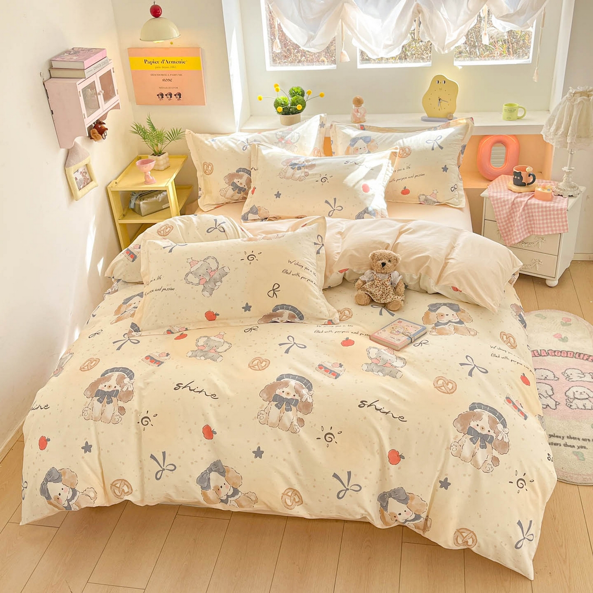 91家纺网 家纺一手货源 找家纺 涵宸家纺 2026新款全棉印花小清新四件套 奶芙小狗