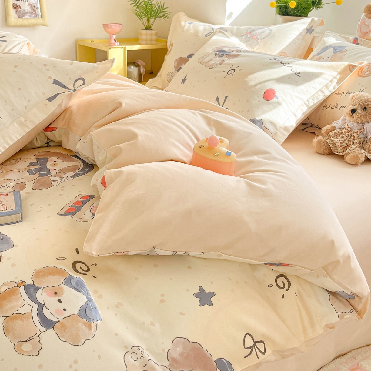 91家纺网 家纺一手货源 找家纺 涵宸家纺 2026新款全棉印花小清新四件套 奶芙小狗