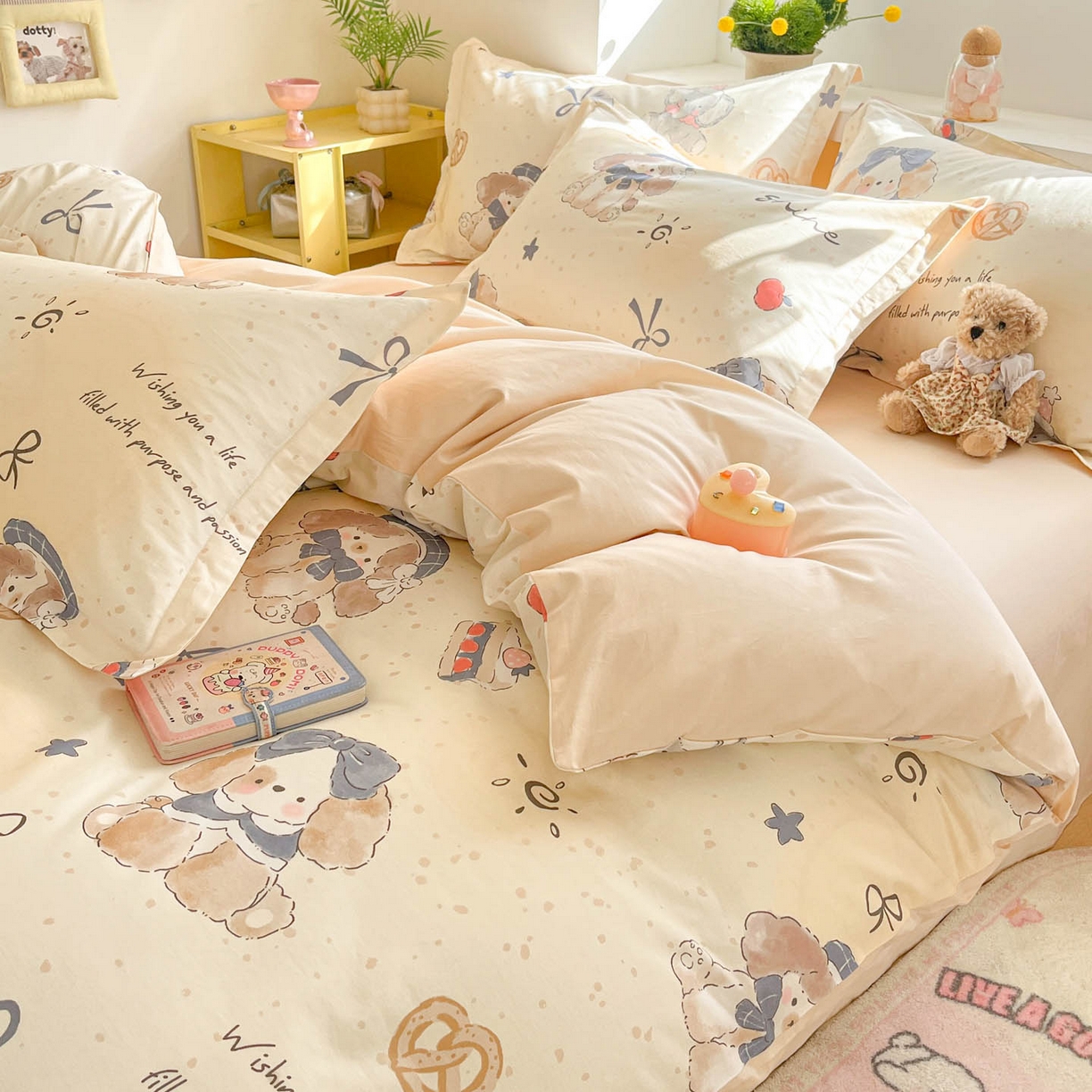 91家纺网 家纺一手货源 找家纺 涵宸家纺 2026新款全棉印花小清新四件套 奶芙小狗