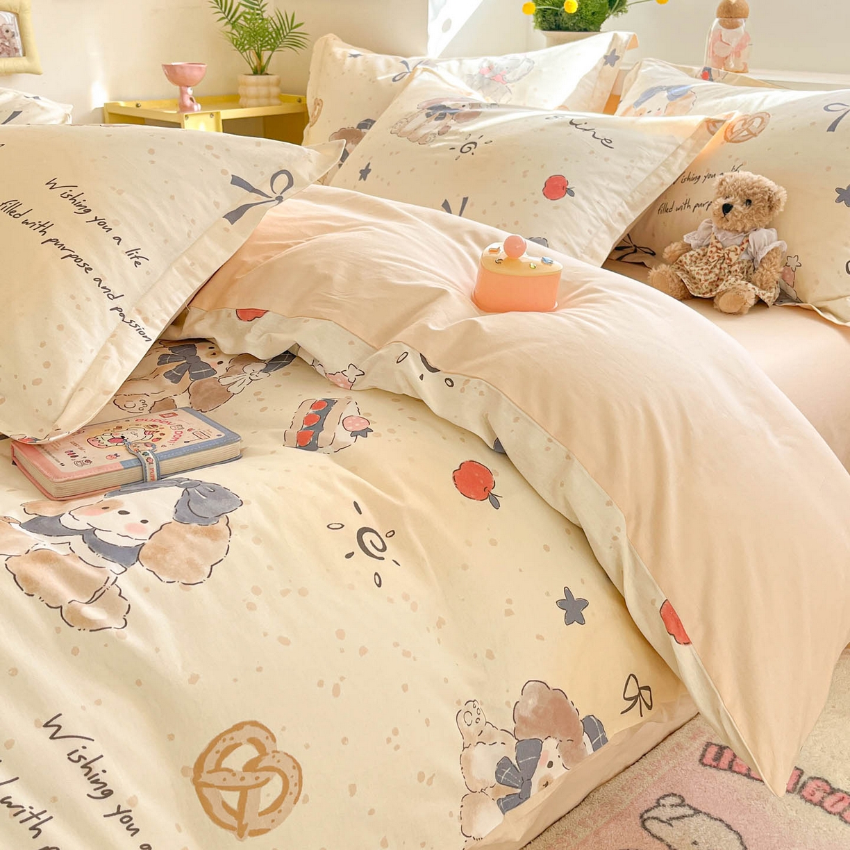 91家纺网 家纺一手货源 找家纺 涵宸家纺 2026新款全棉印花小清新四件套 奶芙小狗