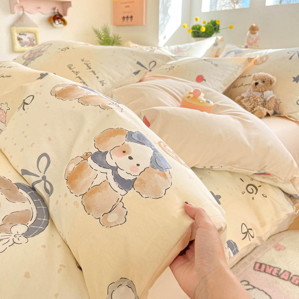 91家纺网 家纺一手货源 找家纺 涵宸家纺 2026新款全棉印花小清新四件套 奶芙小狗