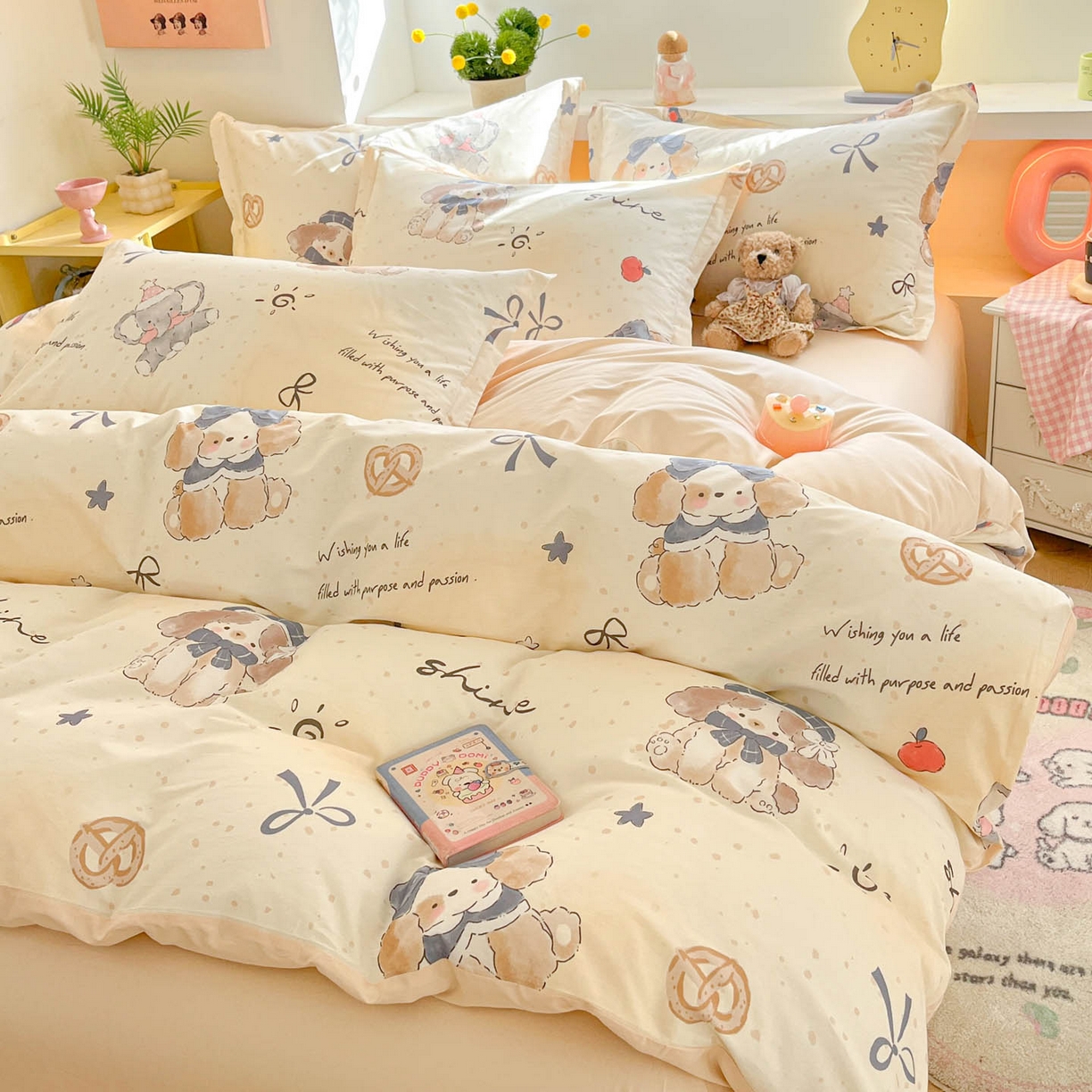 91家纺网 家纺一手货源 找家纺 涵宸家纺 2026新款全棉印花小清新四件套 奶芙小狗