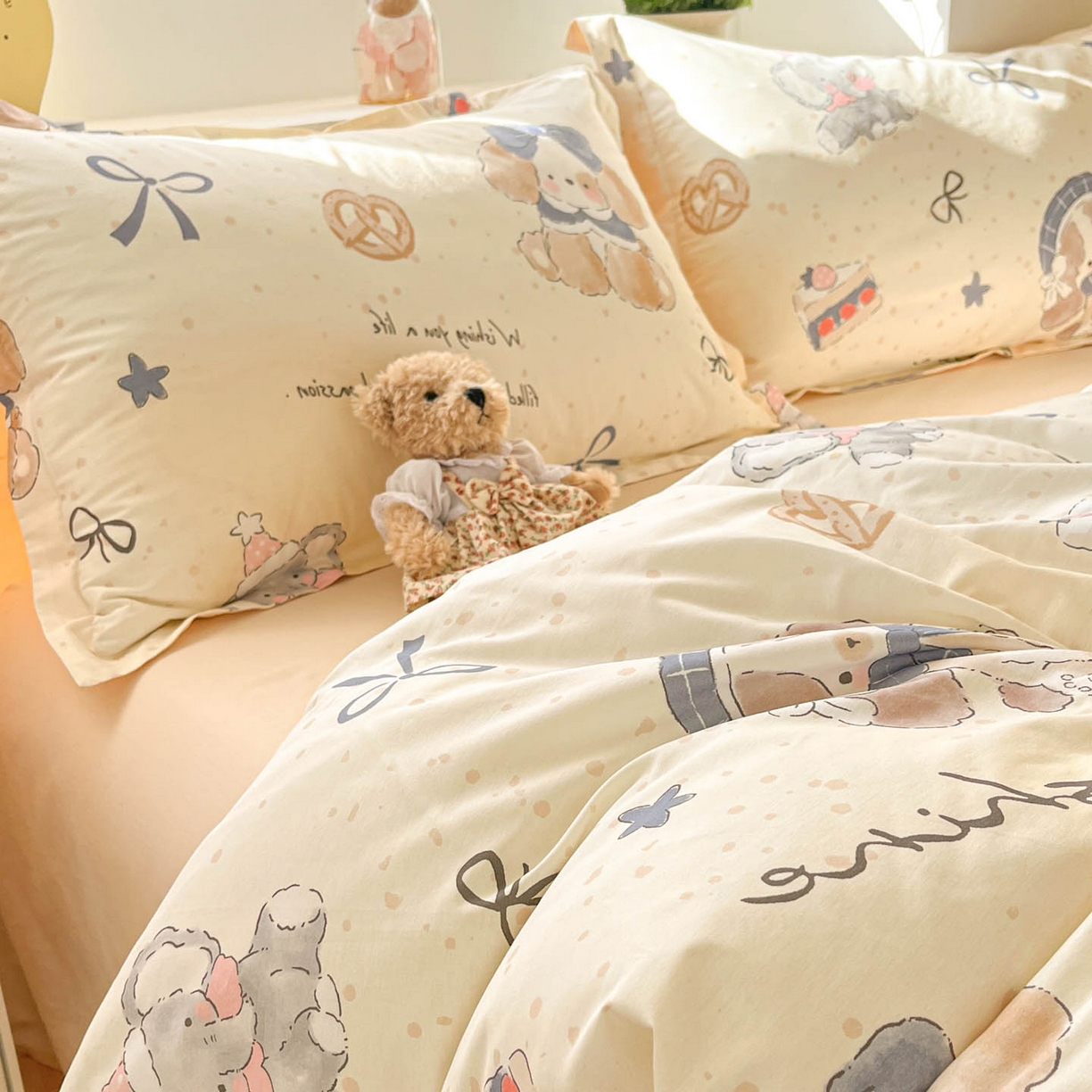 91家纺网 家纺一手货源 找家纺 涵宸家纺 2026新款全棉印花小清新四件套 奶芙小狗