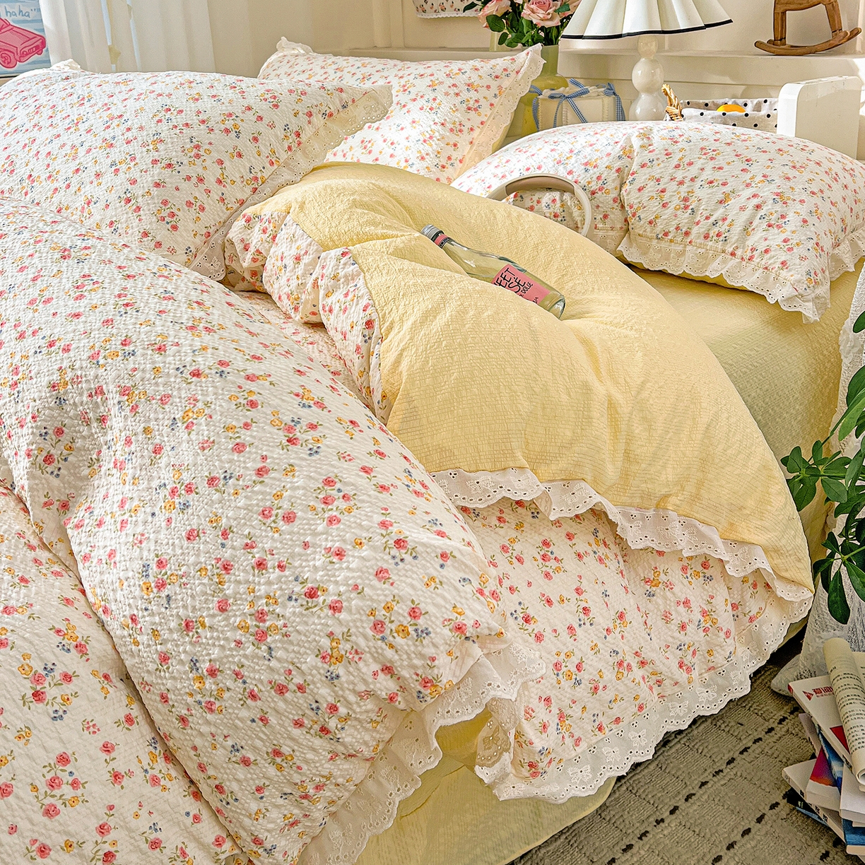 91家纺网 家纺一手货源 找家纺 一比一家纺 2026新款泡芙纱花边四件套 心愿