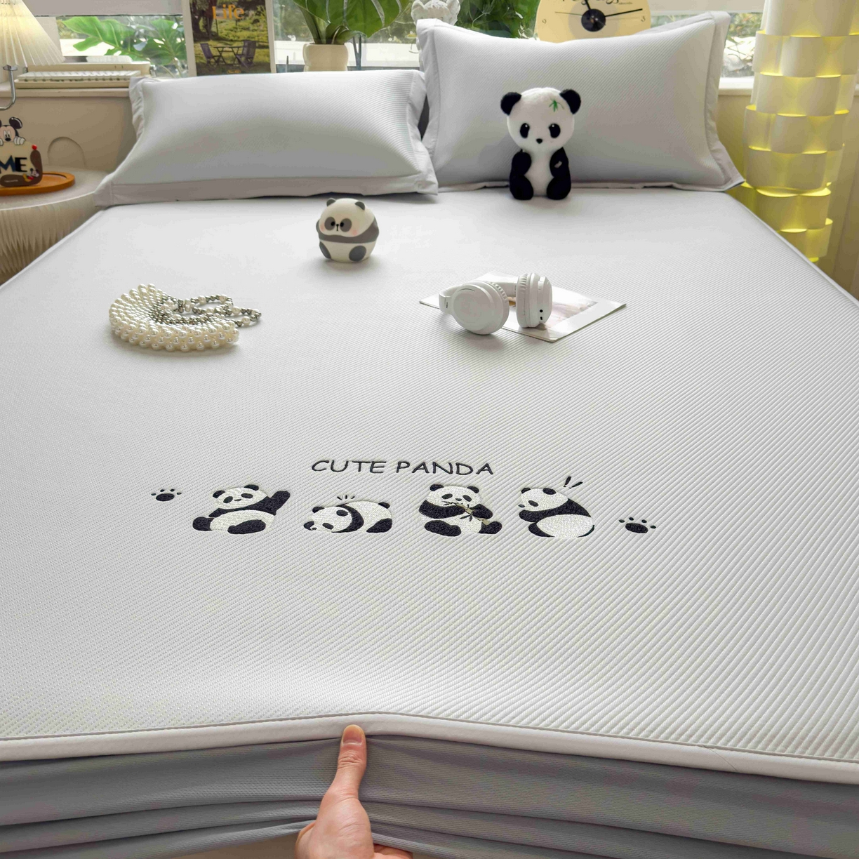 91家纺网 家纺一手货源 找家纺 孩子王家纺 2026春夏新款可机洗冰豆豆冰丝席凉席席子a类母婴级婴儿可用凉感值过0.21 熊猫团子 床笠款