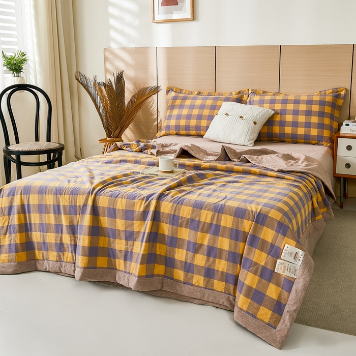 91家纺网 家纺一手货源 找家纺 81号家纺 2026新款全棉纯棉色织棉花夏被夏凉被空调被 姜黄紫格