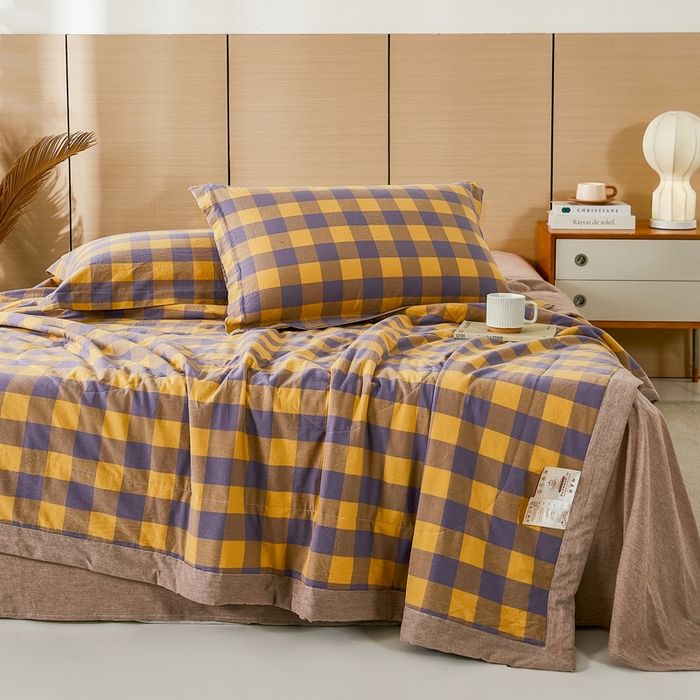 91家纺网 家纺一手货源 找家纺 81号家纺 2026新款全棉纯棉色织棉花夏被夏凉被空调被 姜黄紫格