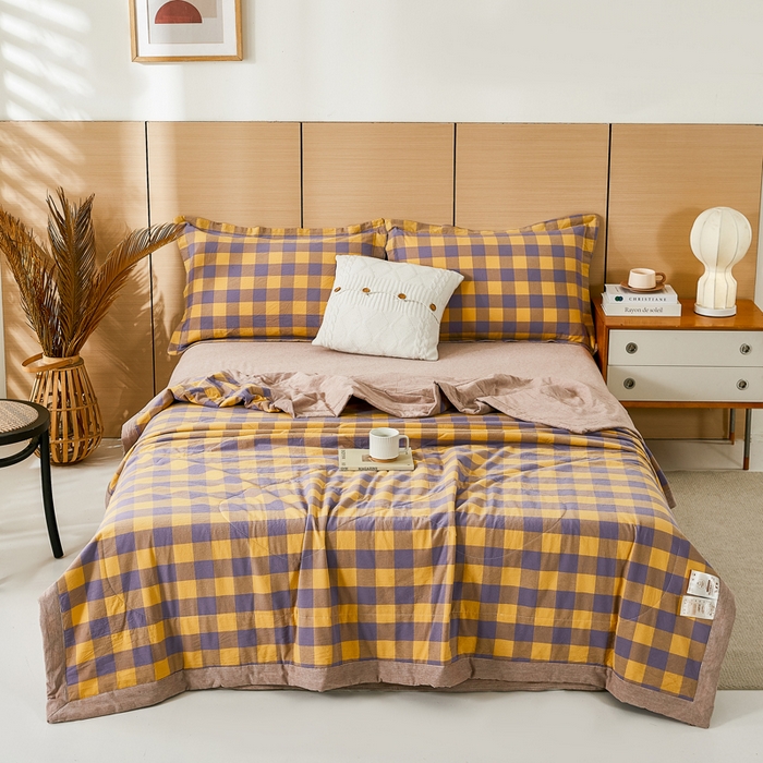 91家纺网 家纺一手货源 找家纺 81号家纺 2026新款全棉纯棉色织棉花夏被夏凉被空调被 姜黄紫格