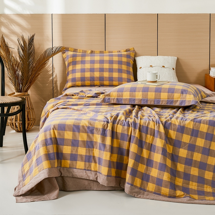 91家纺网 家纺一手货源 找家纺 81号家纺 2026新款全棉纯棉色织棉花夏被夏凉被空调被 姜黄紫格