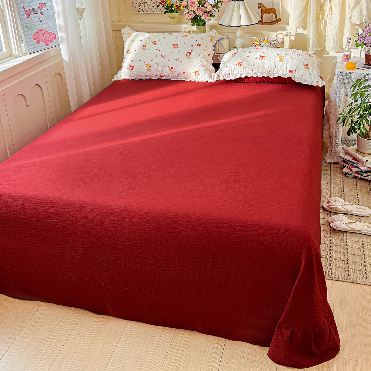 91家纺网 家纺一手货源 找家纺 一比一家纺 2026新款泡芙纱花边四件套 捕梦星人 - 红