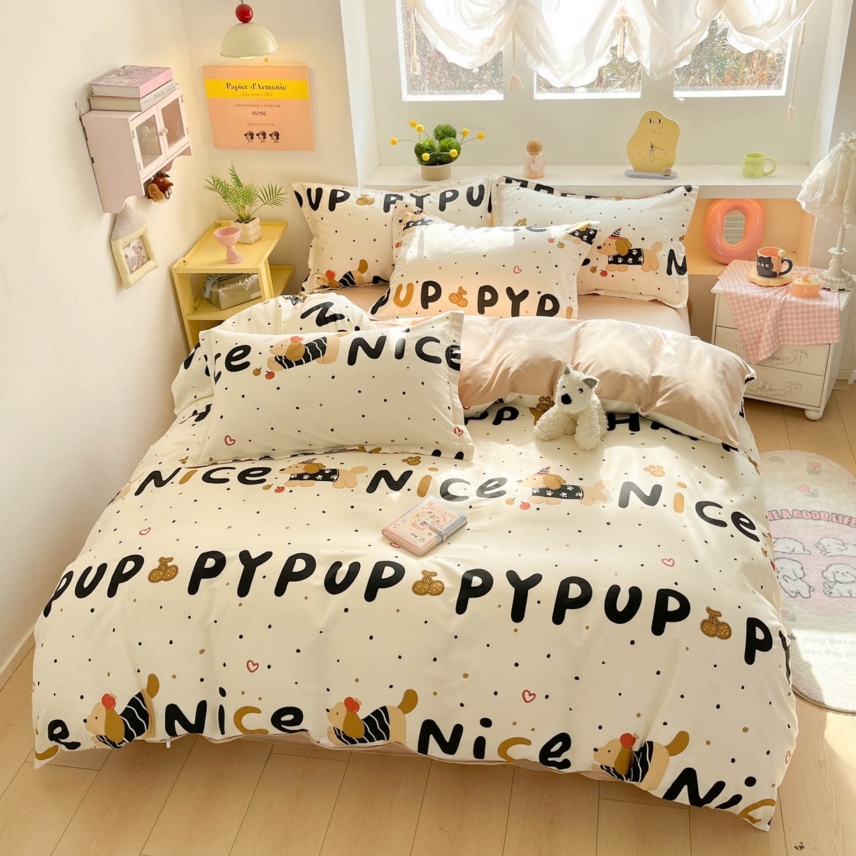 91家纺网 家纺一手货源 找家纺 涵宸家纺 2026新款全棉印花小清新四件套 苹果腊肠狗