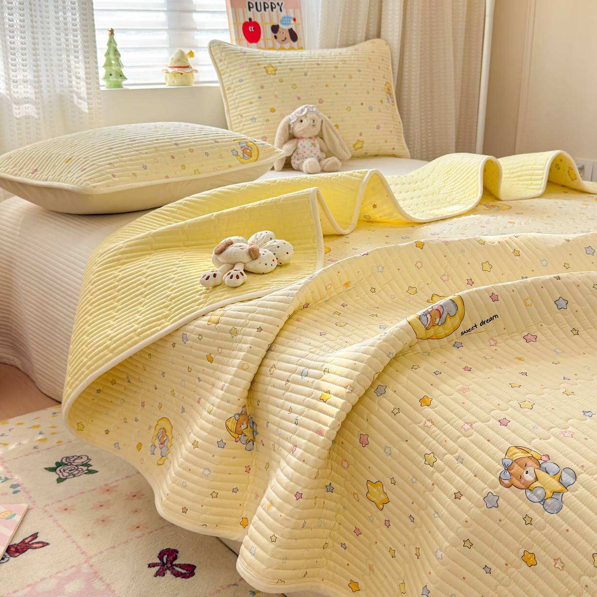 雅萱家纺 2026新款森系全棉夹棉印花床盖 奶黄星星熊