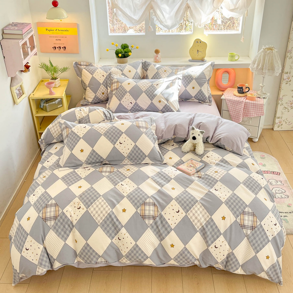 91家纺网 家纺一手货源 找家纺 涵宸家纺 2026新款全棉印花小清新四件套 日月行-灰